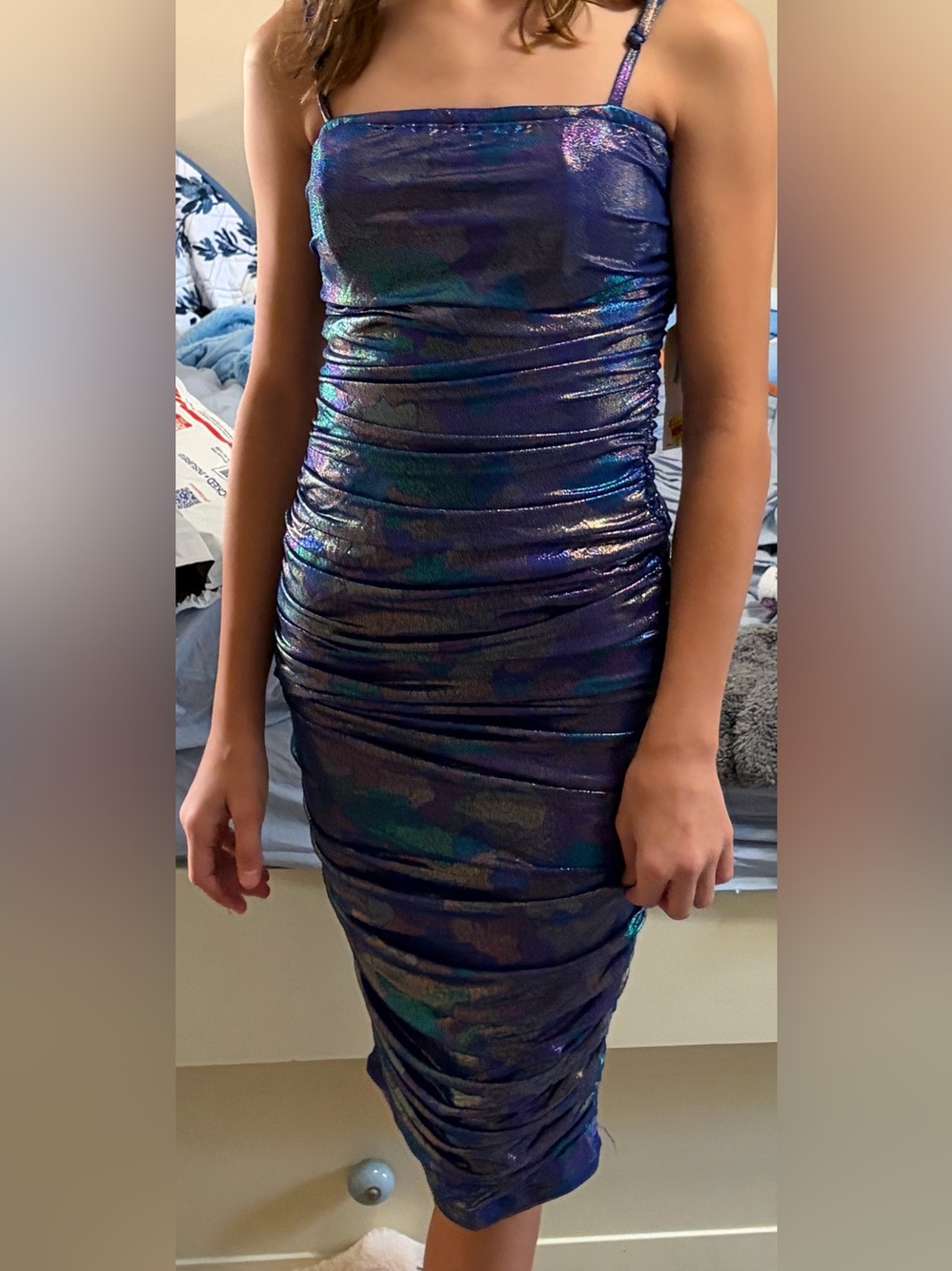 Pear culture Shimmery Iridescent Blue Ruched Slip Dress GREAT FOR PROM/HOCO   Xs
